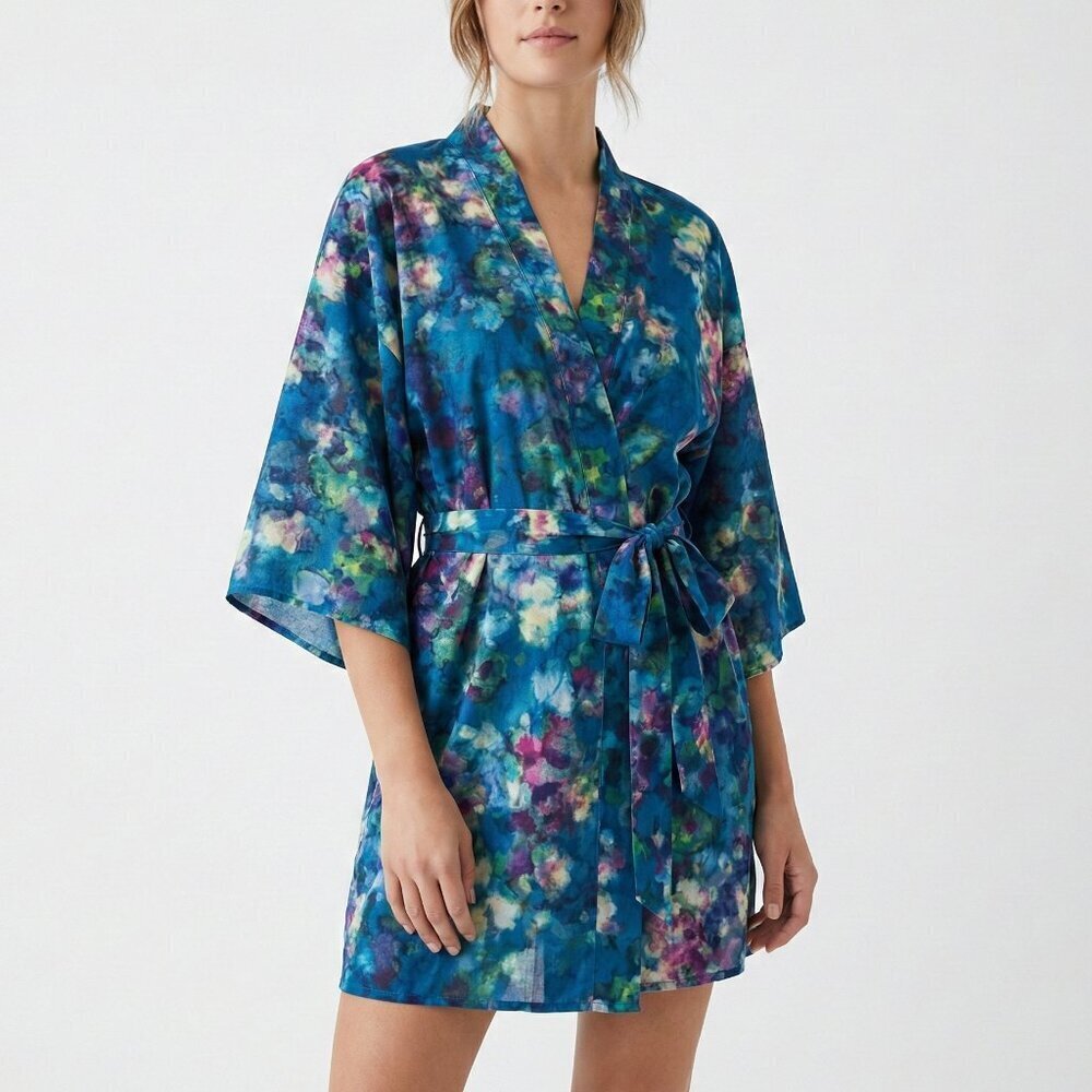 Smash + Tess Kimono Robe Crepe Kimonette Duster Blue Print Floral